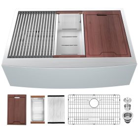 Lordear Farmhouse Kitchen Sink Apron Front Ledge Workstation Deep Single Bowl 16 Gauge Stainless Steel Sink (size: 33*22*10)