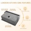 Lordear Farmhouse Kitchen Sink Apron Front Ledge Workstation Deep Single Bowl 16 Gauge Stainless Steel Sink